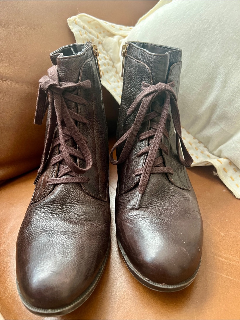 Nine West Baileao Brown Leather Lace-Up Zip Ankle Boots Size 9M